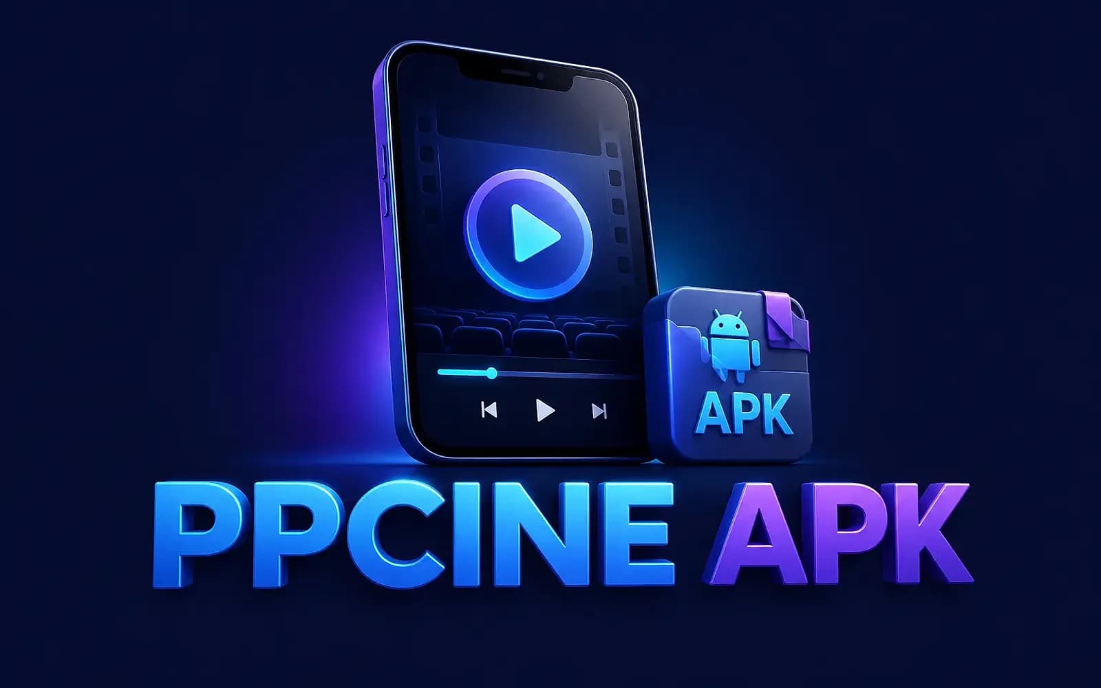 PPCine APK Smartphone playing a film beside a glowing APK package with PPCine APK lettering