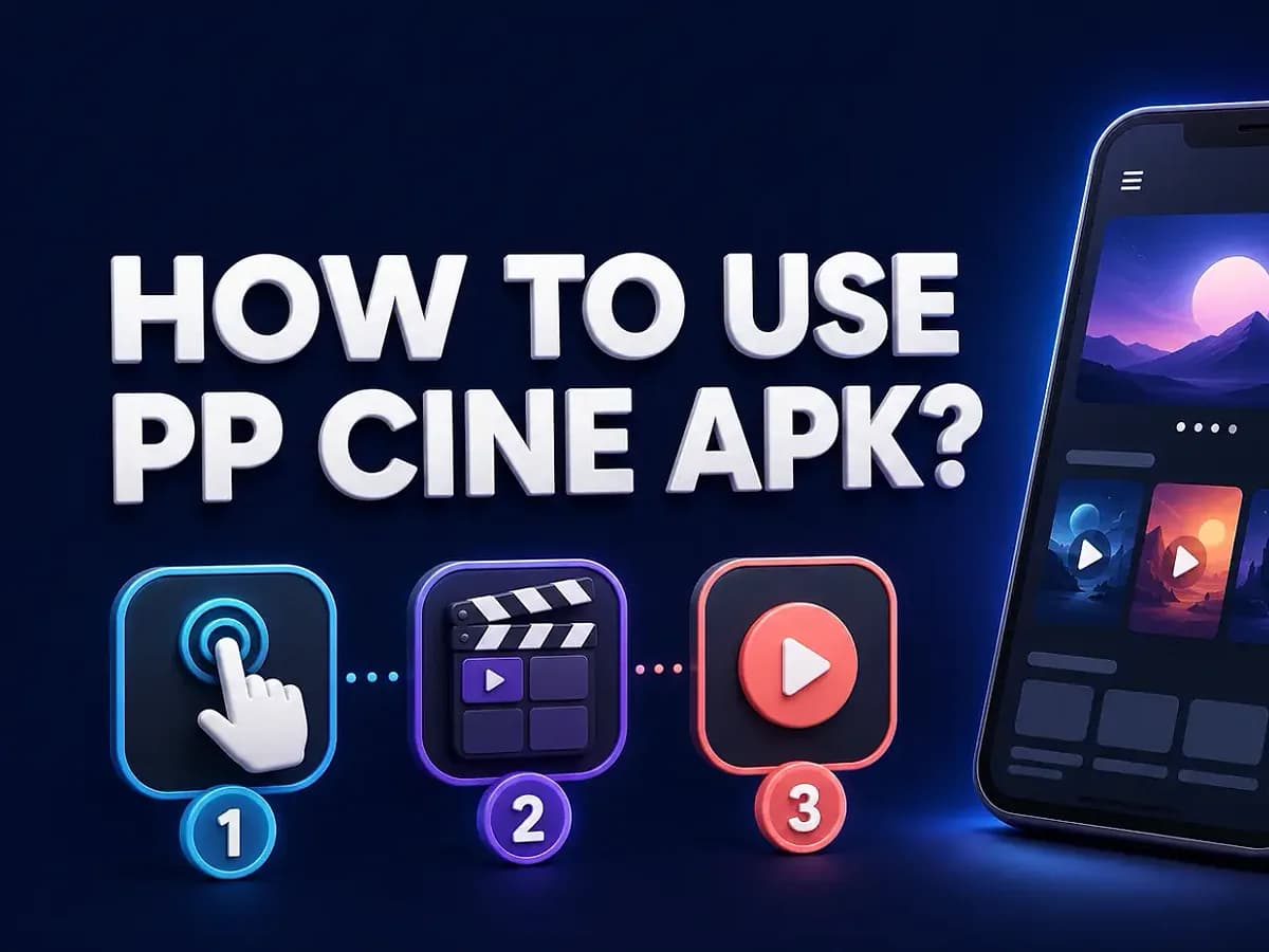 How to Use PP Cine APK Three numbered steps beside a phone showing the PPCine browse screen with movie thumbnails