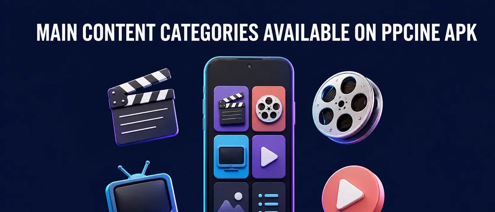 Main Content Categories available on PPCine APK Phone showing genre icons surrounded by a clapperboard, film reel, retro TV and play button