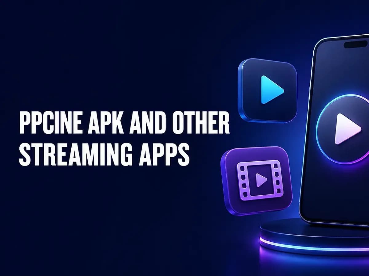 PPCine APK and Other Streaming Apps Phone with a glowing play button beside floating media icons comparing PPCine with other streaming apps