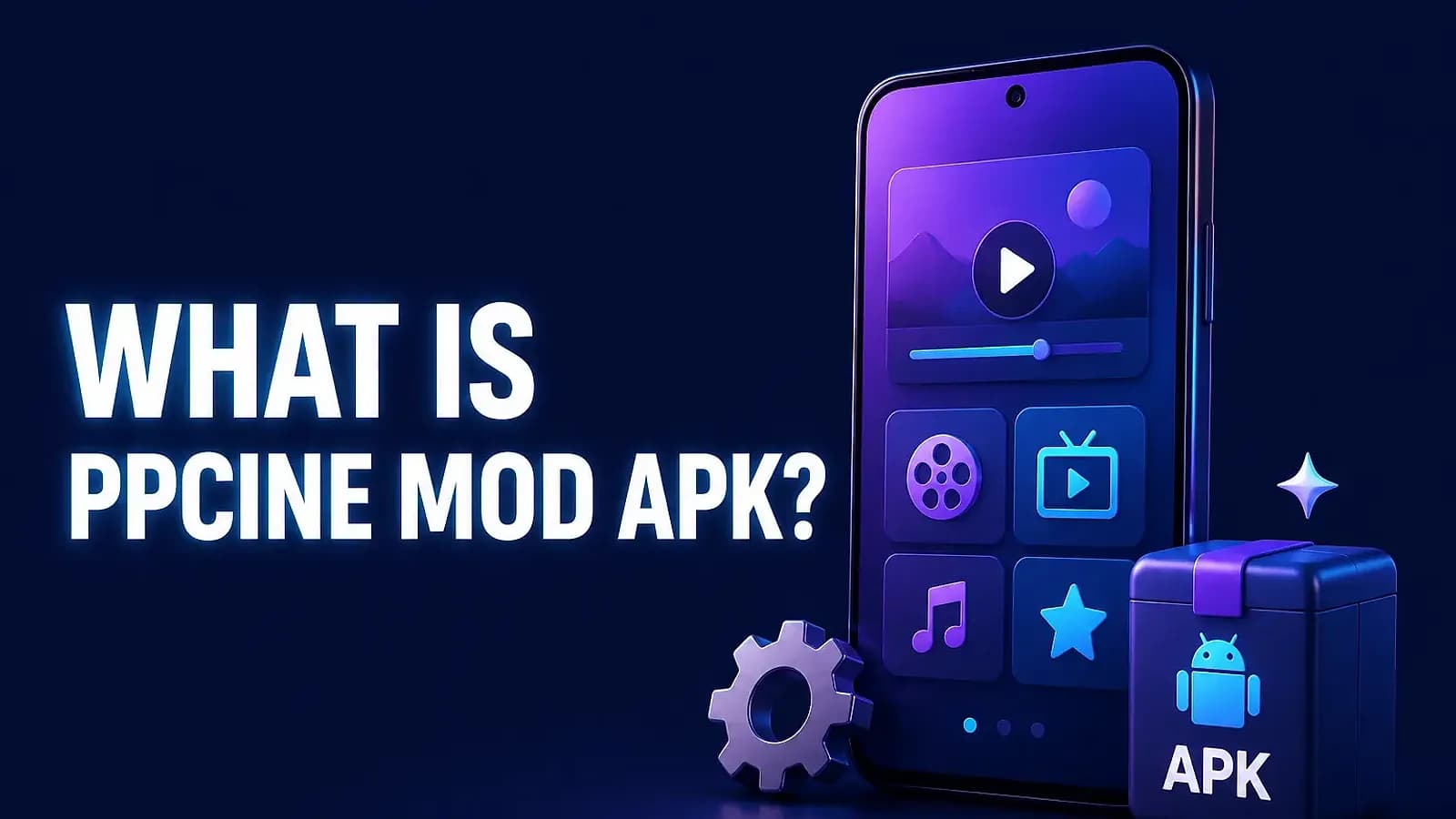 What is PPCine Mod APK Phone showing the PPCine Mod interface next to a gear and APK package on a dark blue backdrop