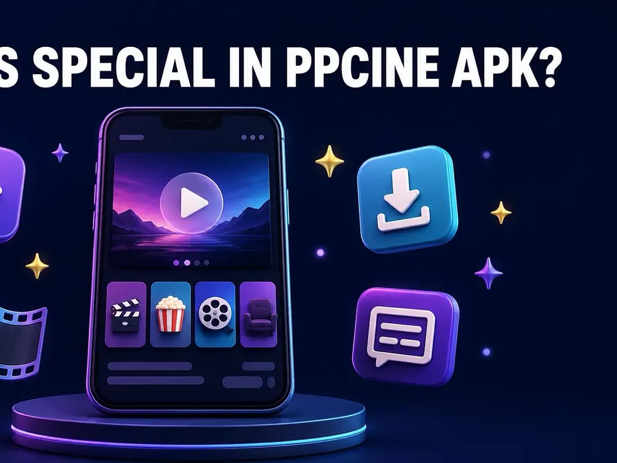 What's Special in PPCine APK Phone on a pedestal showing a movie player with download and subtitle feature icons floating around it